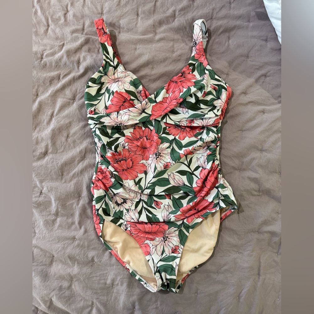 Kona Sol Floral Swimsuit with Pink and Green Accents